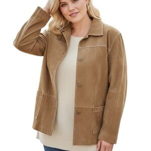 Denim & Co XL Tan Genuine Leather Jacket White Whipstitch Contast Western Boho